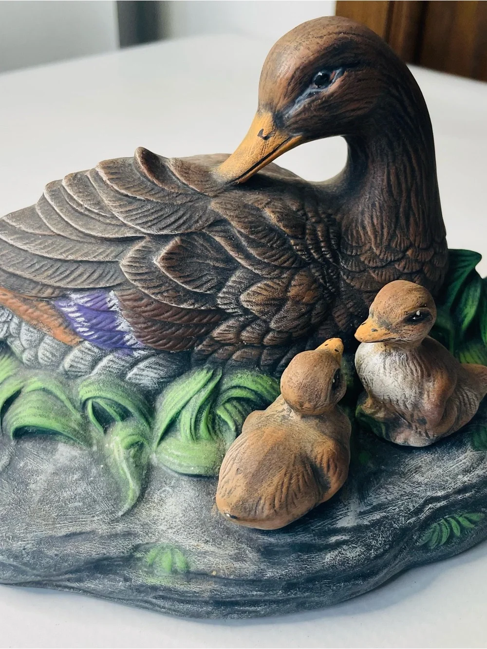 Vintage Handpainted Brown Duck Figurine with Ducklings - Decorative Home Accent